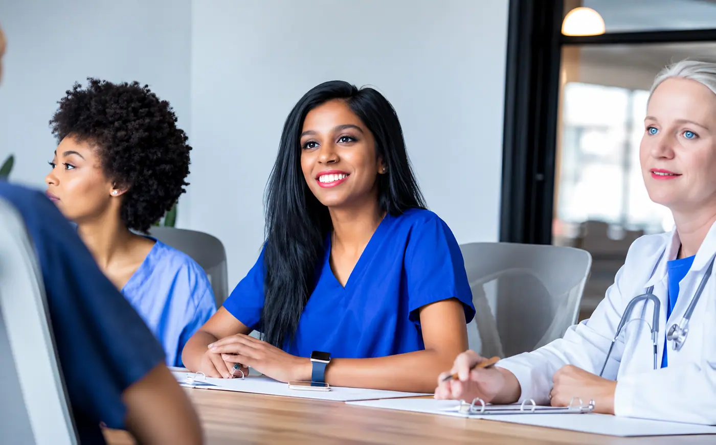 Réunion de l’équipe médicale autour d’une table de travail.