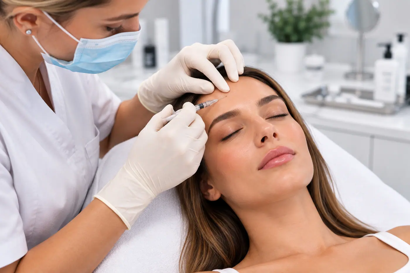 Geste d’injection réalisé sur le visage, en cabinet de consultation.